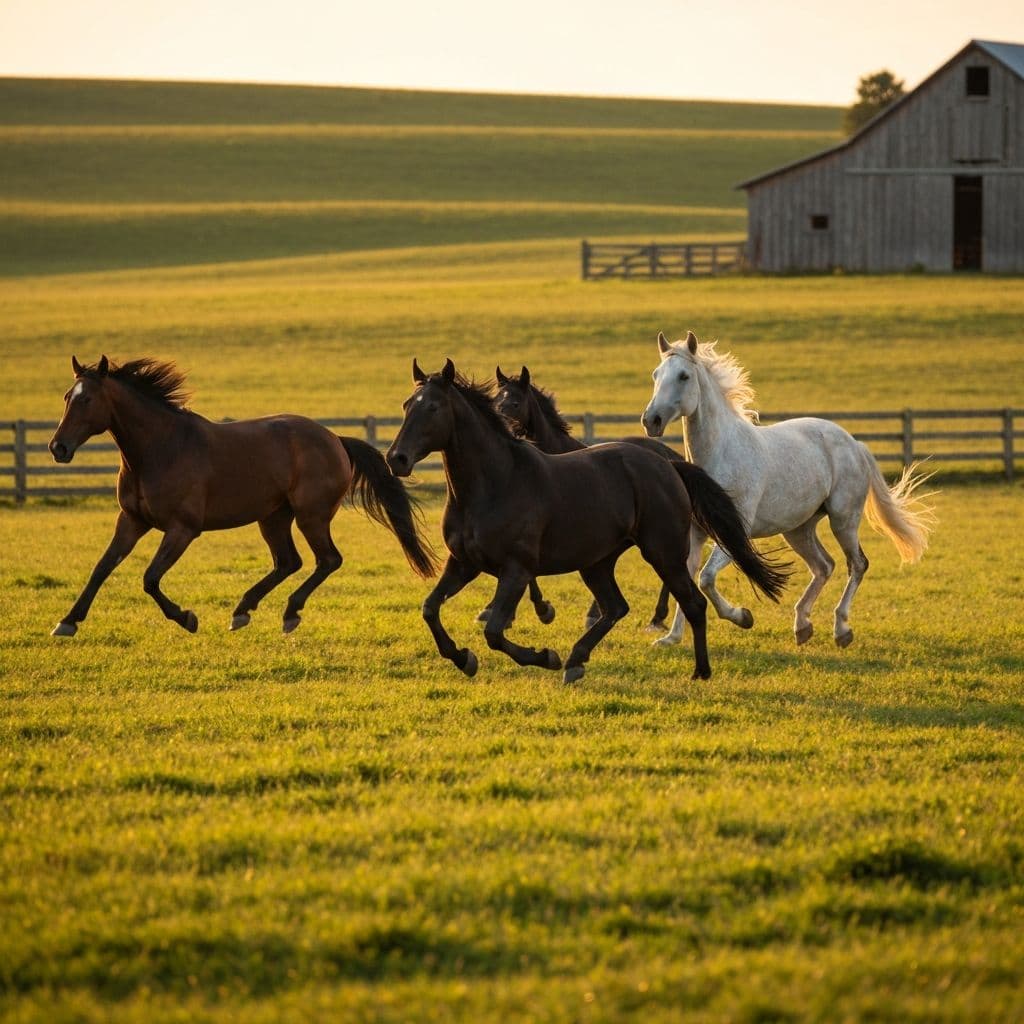 Horses running on the farm at golden hour